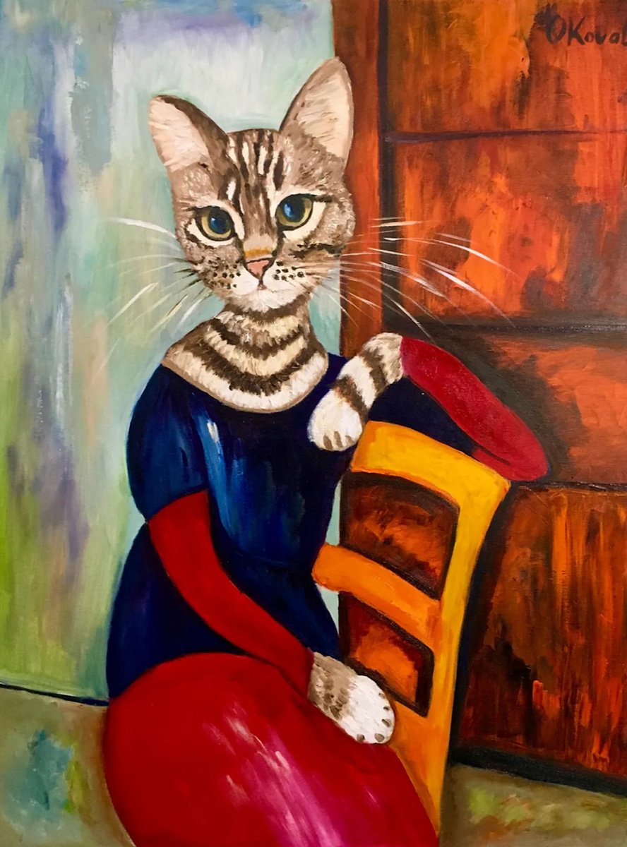 Expressive Animal Oil Painting By Olga Koval, 26 X 31", Cat Lady Modigliani, Original Artwork
