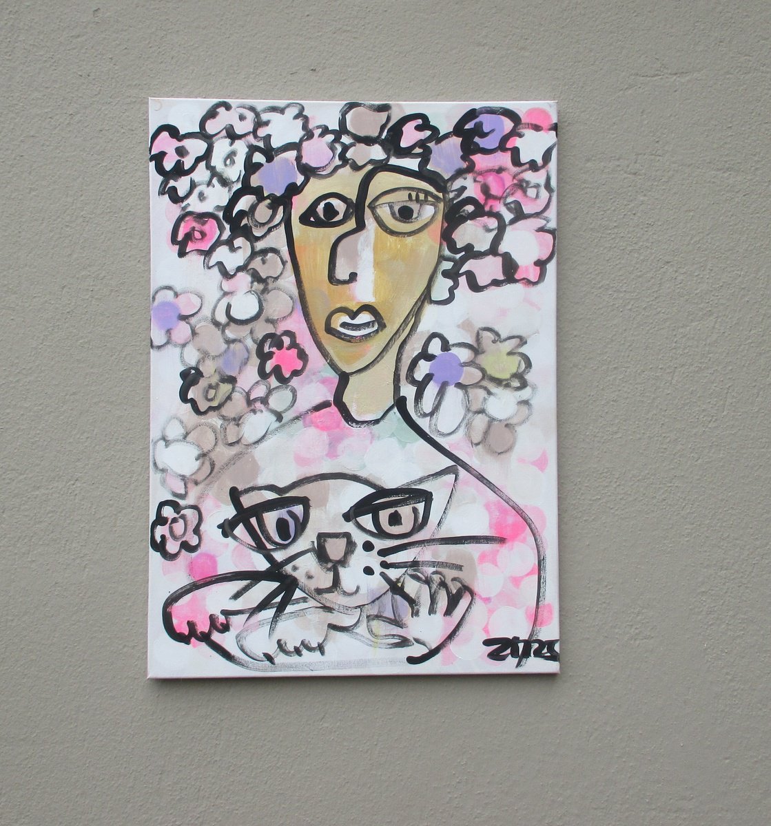 Expressive Portrait Acrylic Painting By Sonja Zeltner-Muller, 20 X 28", Cat Queen Girl With Cats Portrait, Original Artwork