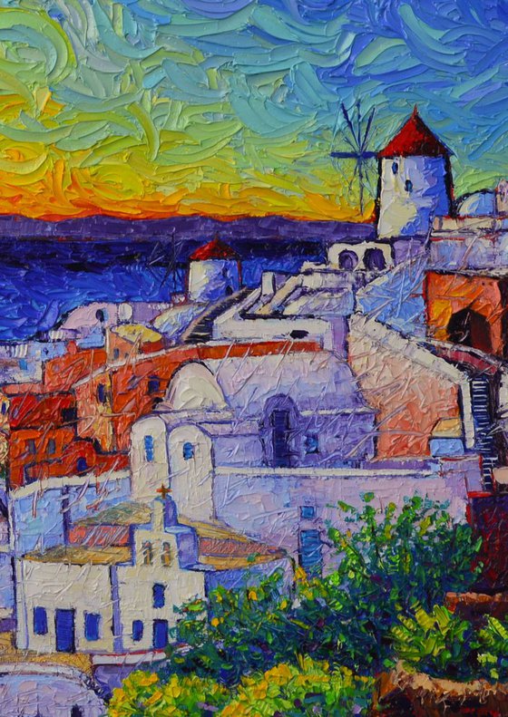 SANTORINI OIA SUNSET - 90 X 50 cm landscape from Greece modern impressionist impasto palette knife original oil painting Greek islands