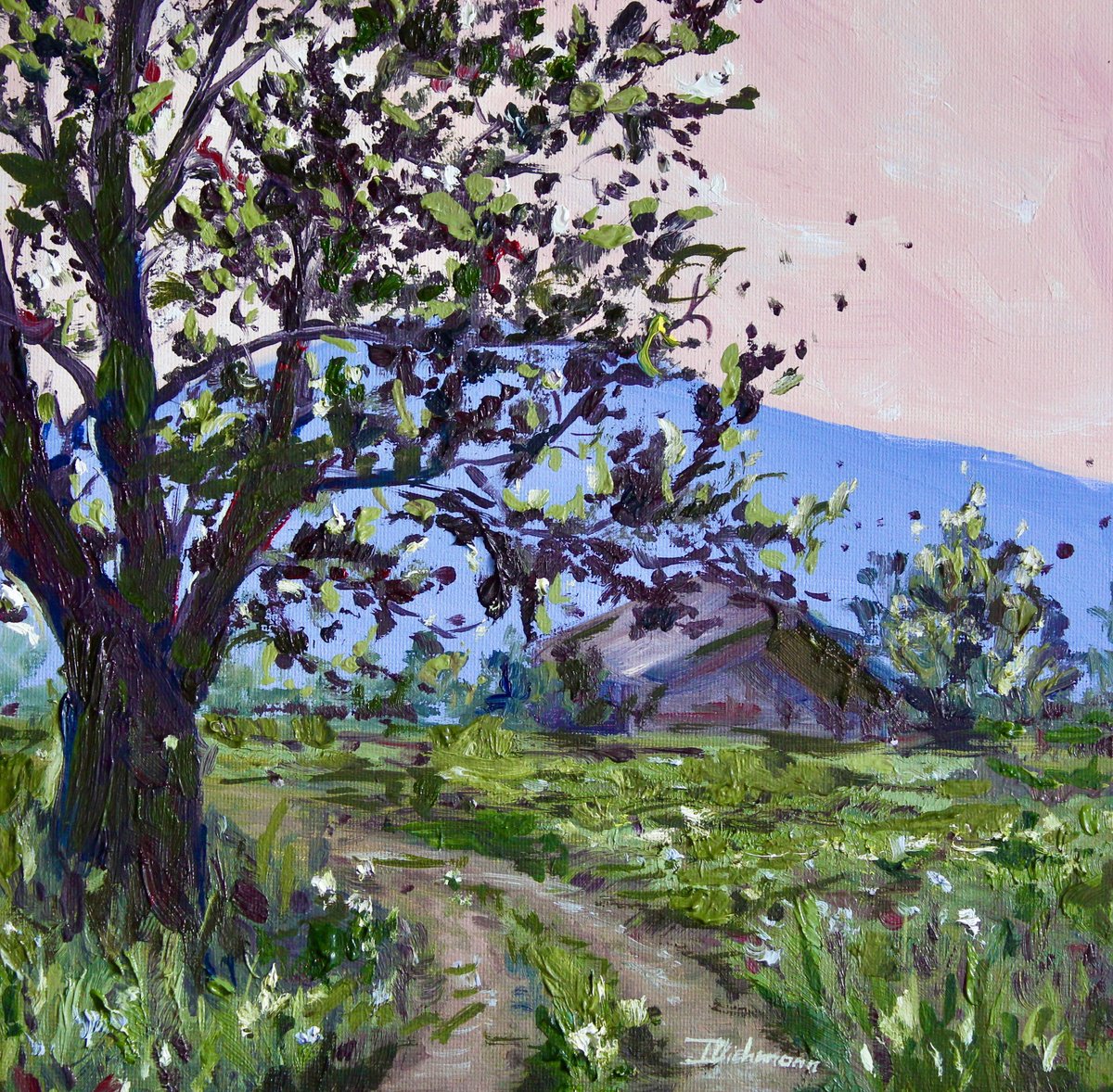 Impressionistic Landscape Oil Painting By Liza Illichmann, 10 X 10", Countryside Coalescence, Original Artwork