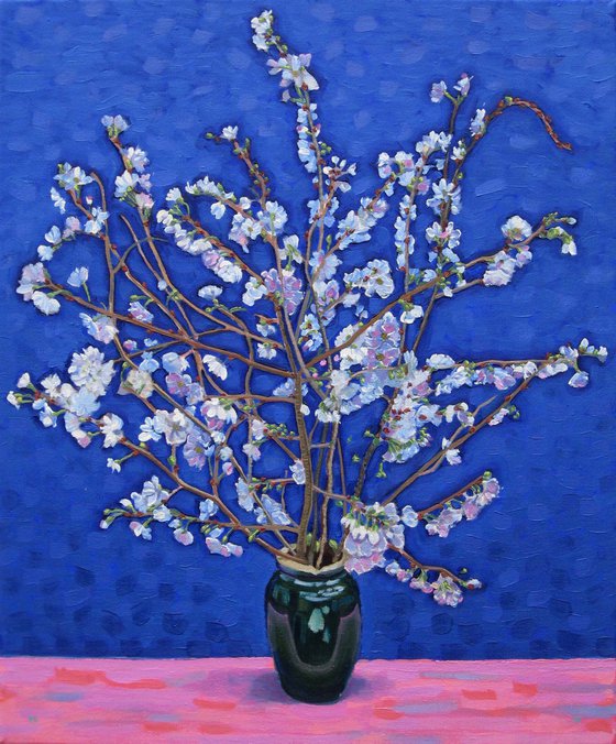 Winter Flowering Cherry in a Green Vase