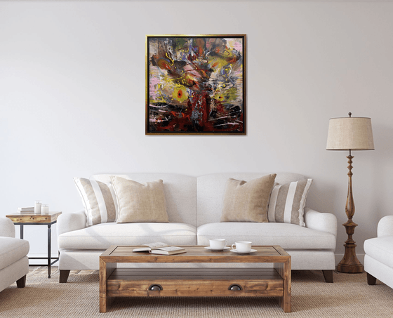 Framed autumn gestural action painting melancholia still life by O KLOSKA