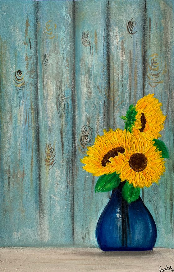 Sunflowers in blue vase ! Still life painting with sunflowers! A4 size Painting on paper