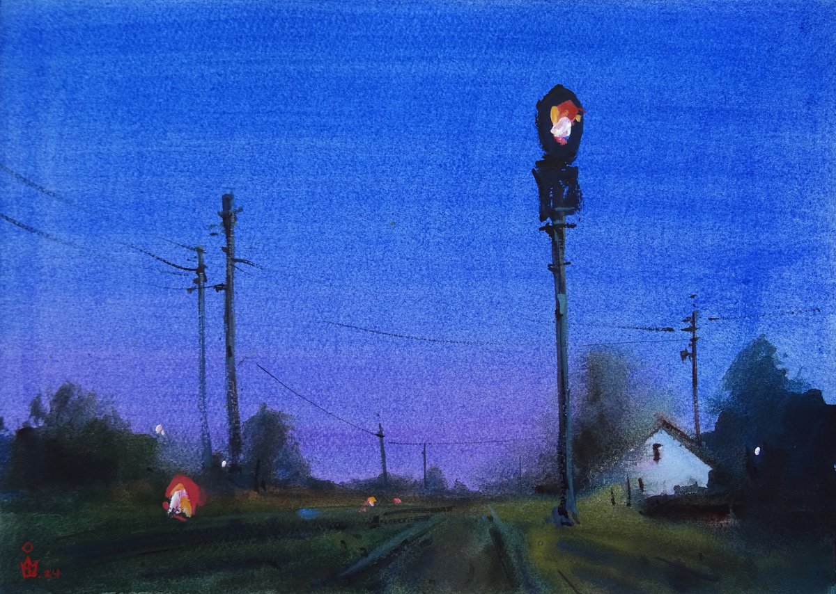 Impressionistic Landscape Watercolour By Maksym Kisilov, 16 X 11", "Evening On The Railway", Original Artwork