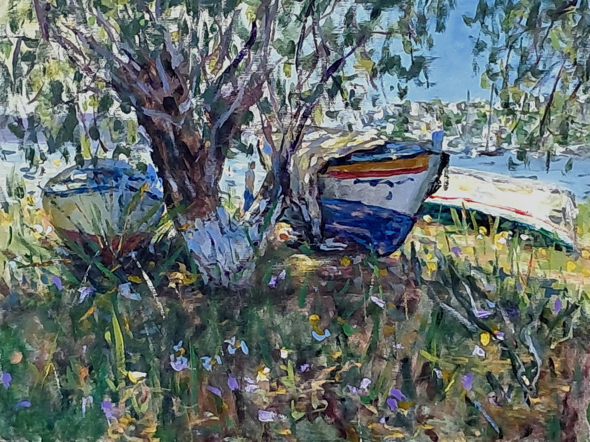  Boats Under The Tree By Dimitris Voyiazoglou, 20 X 17, Artwork For Sale On Artfinder