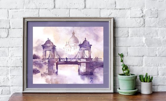 "Romantic city landscape with a bridge, St. Petersburg" architectural landscape - Original watercolor painting