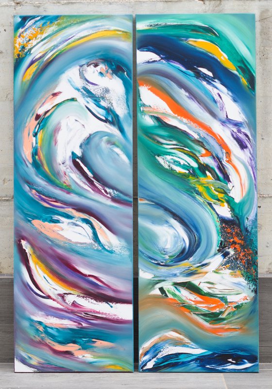 Water dragon, Diptych n° 2 Paintings, Original abstract, oil on canvas