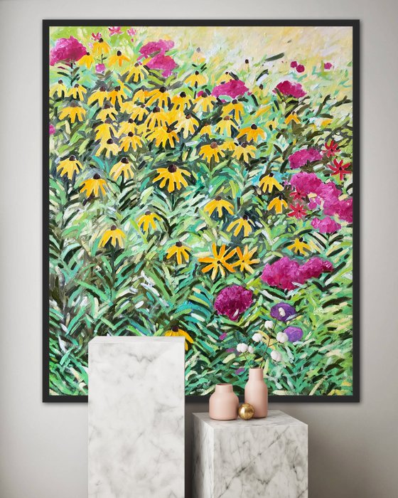 Large abstract flowers painting on canvas