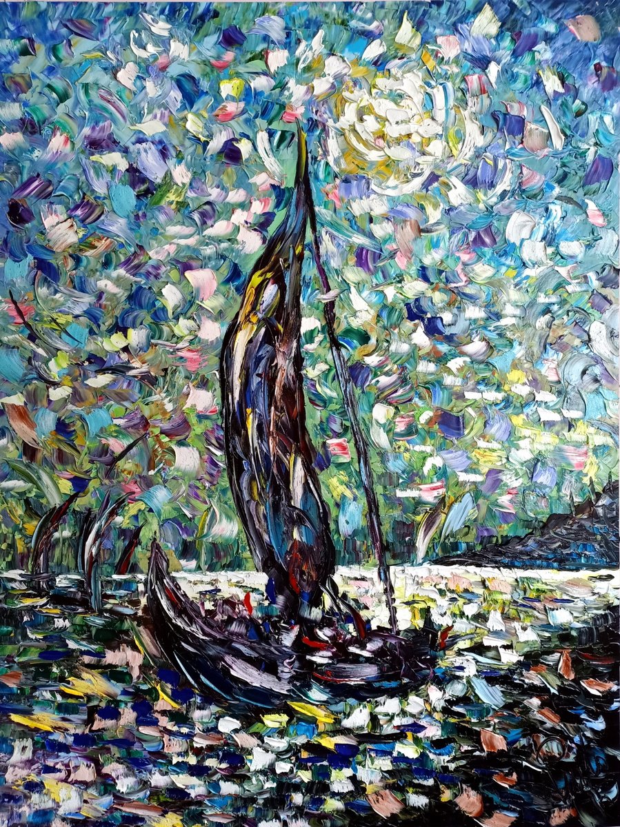 Impressionistic Cityscapes Oil Painting By Antonino Puliafico, 57 X 75, Vele Al Chiaro Di Luna, Original Artwork