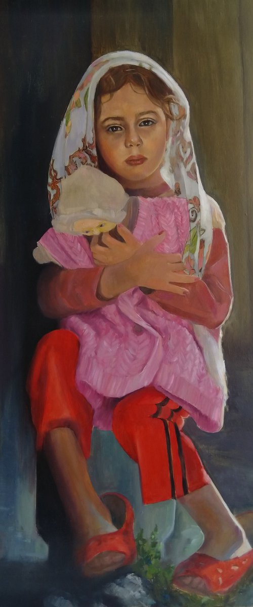 Carefully (57x77cm, oil/canvas, impressionistic figure) by Kamsar Ohanyan