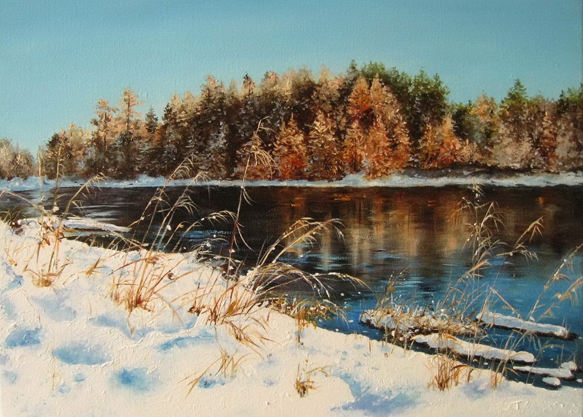 Impressionistic Landscape Oil Painting By Natalia Shaykina, 35 X 24", Winter Riverside, Original Artwork