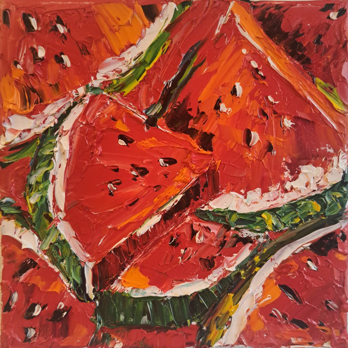 Impressionistic Botanical Oil Painting By Oksana Fedorova, 8 X 8", Watermelon Impasto, Original Artwork