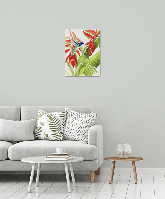 Hummingbird and Tropical Flowers