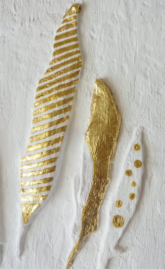 sculptural wall art "Golden feathers"