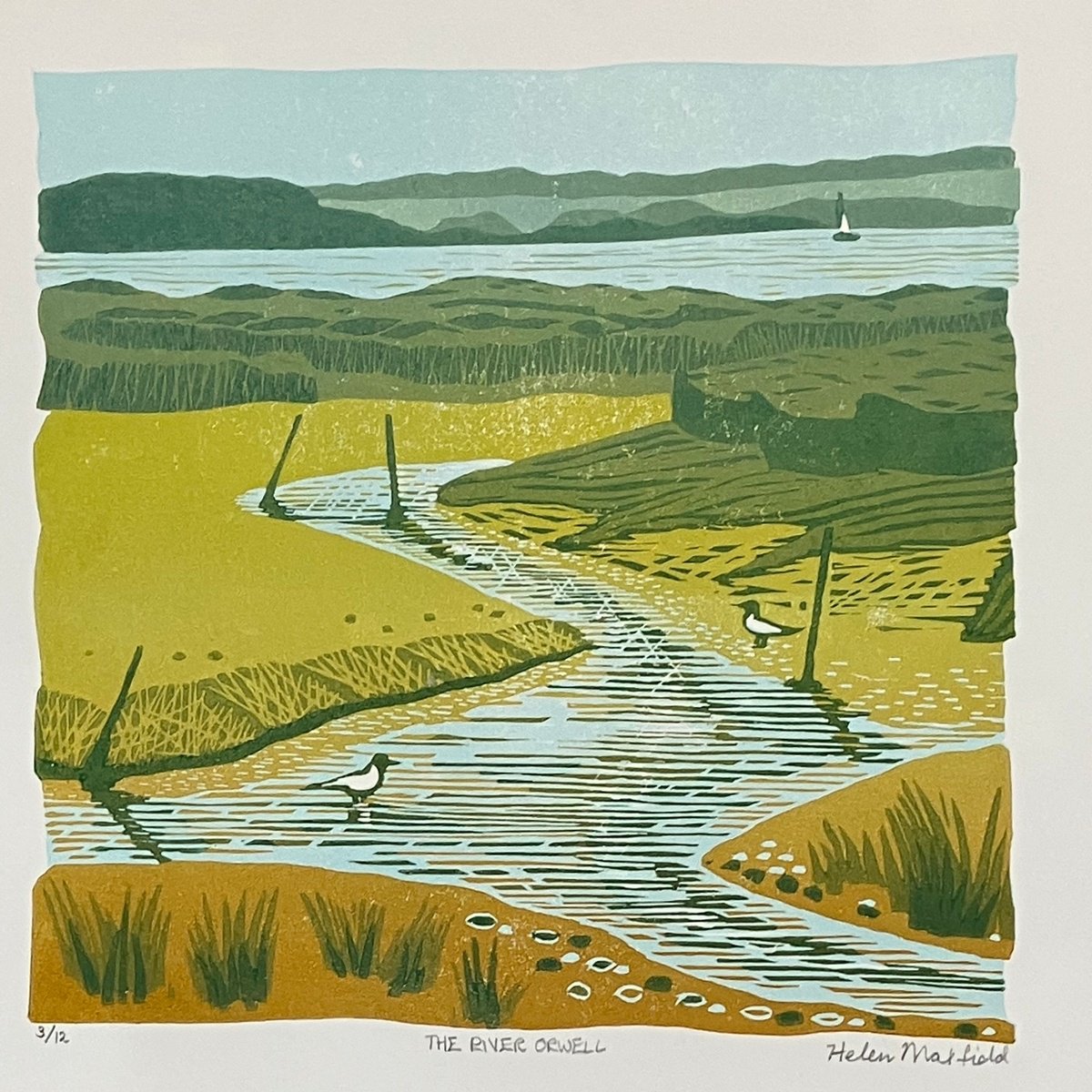 Landscape Linocut By Helen Maxfield, 11 X 10, The River Orwell, Original Artwork