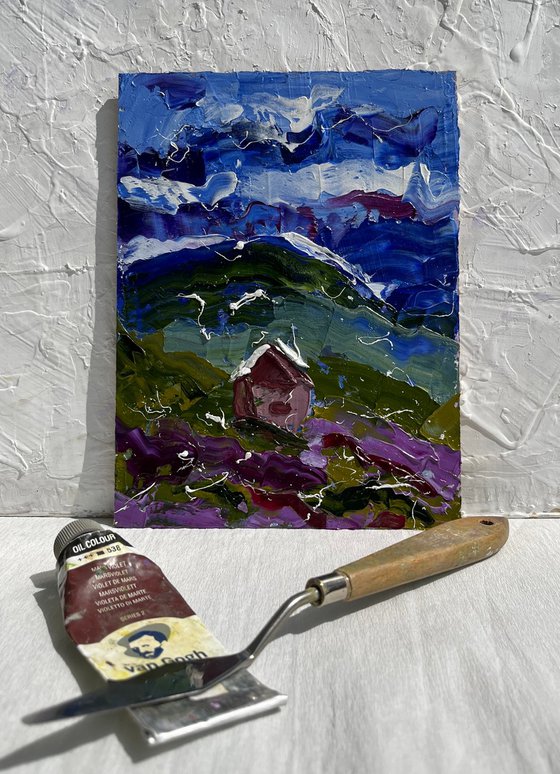 Alps Painting Mountains Original Art Barn Oil Impasto Cabin Artwork Landscape Wall Art 6 by 8" by Halyna Kirichenko