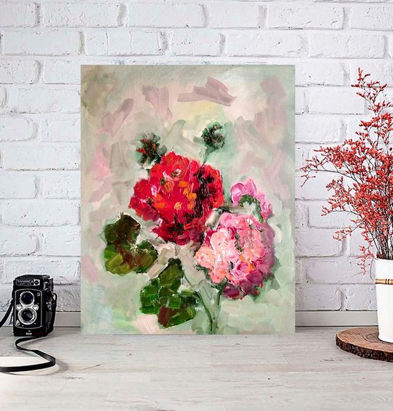 Geranium Painting Original Art Pink Floral Artwork Abstract Flower Wall Art