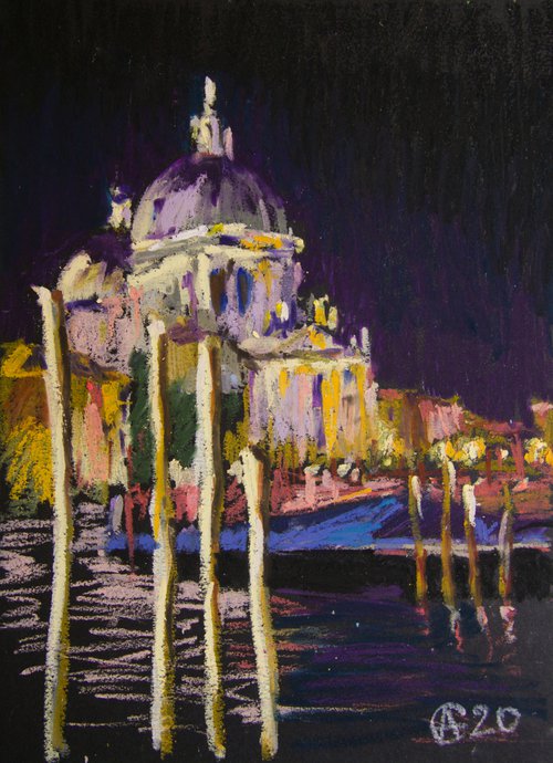 Venezian night. Dreams about Italy series. Oil pastel painting. Small painting dark venice italy black bright light night interior decor gift by Sasha Romm