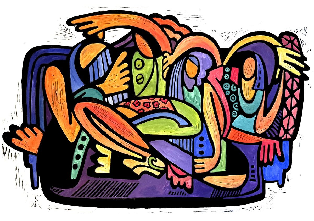 Illustrative Portrait Linocut By Laurel Macdonald, 16 X 22", Sisters On A Purple Sofa, Original Artwork