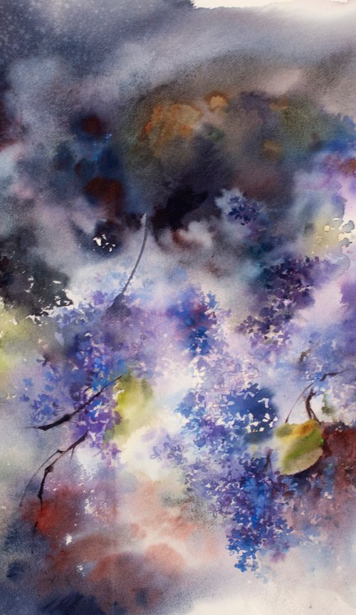 Lilac Flowers Semi Abstract Watercolor Painting by Sophie Rodionov