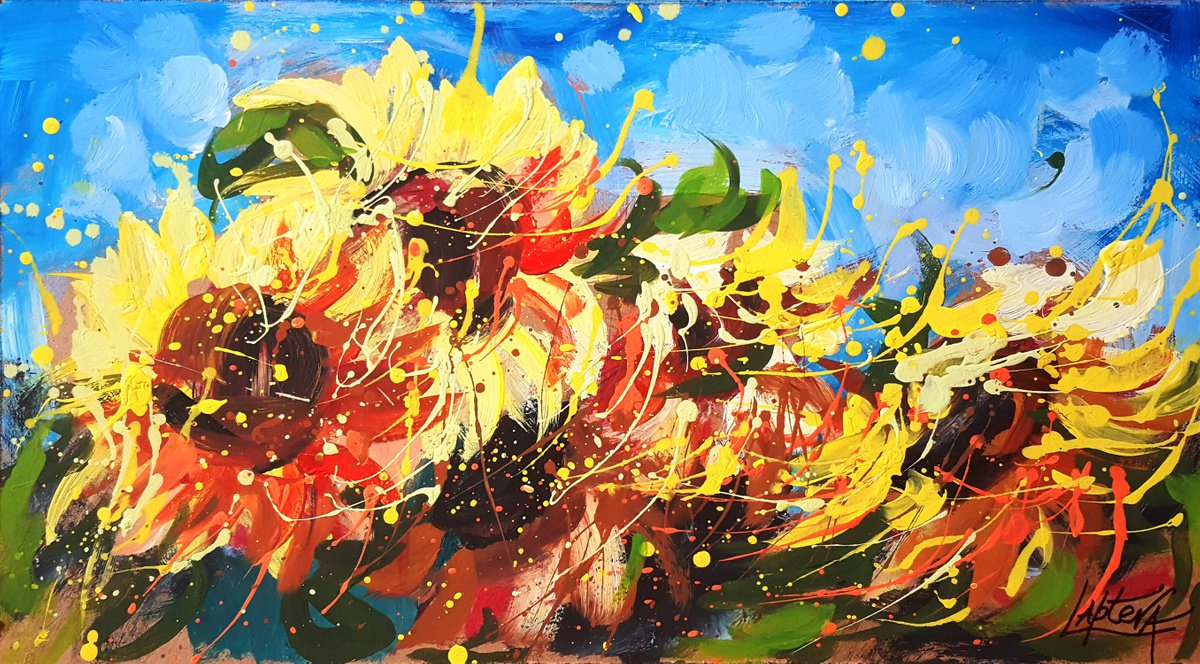 Organic Botanical Acrylic Painting By Viktoria Lapteva, 25 X 14", Sunflowers, Original Artwork