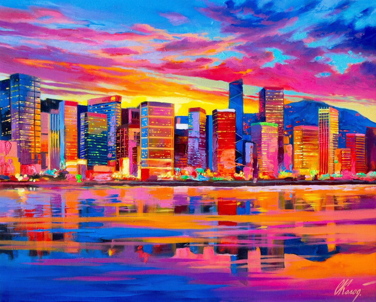 Abstract Cityscapes Oil Painting By Kolodyazhniy Sergey, 20 X 16", City Lights, Original Artwork