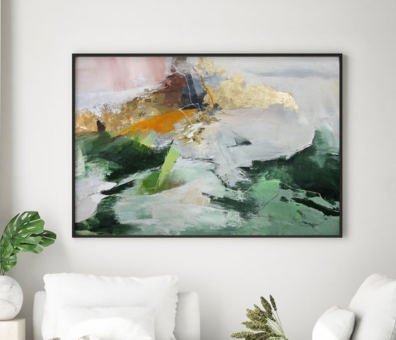 "Green Pulse" Green white gold abstract art