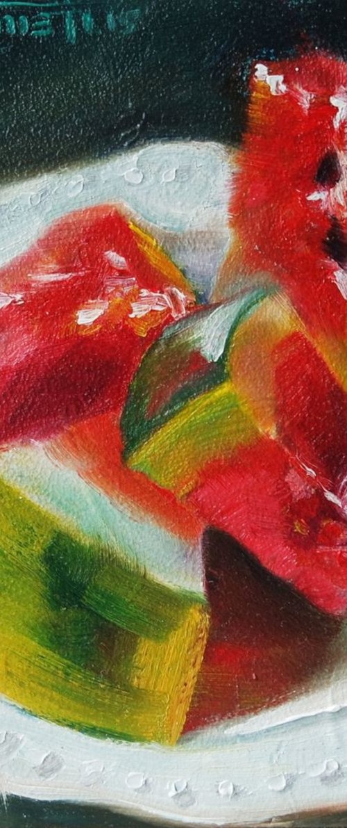 'SALTY WATERMELON PIECES' - Small Oil Painting on Panel by Ion Sheremet