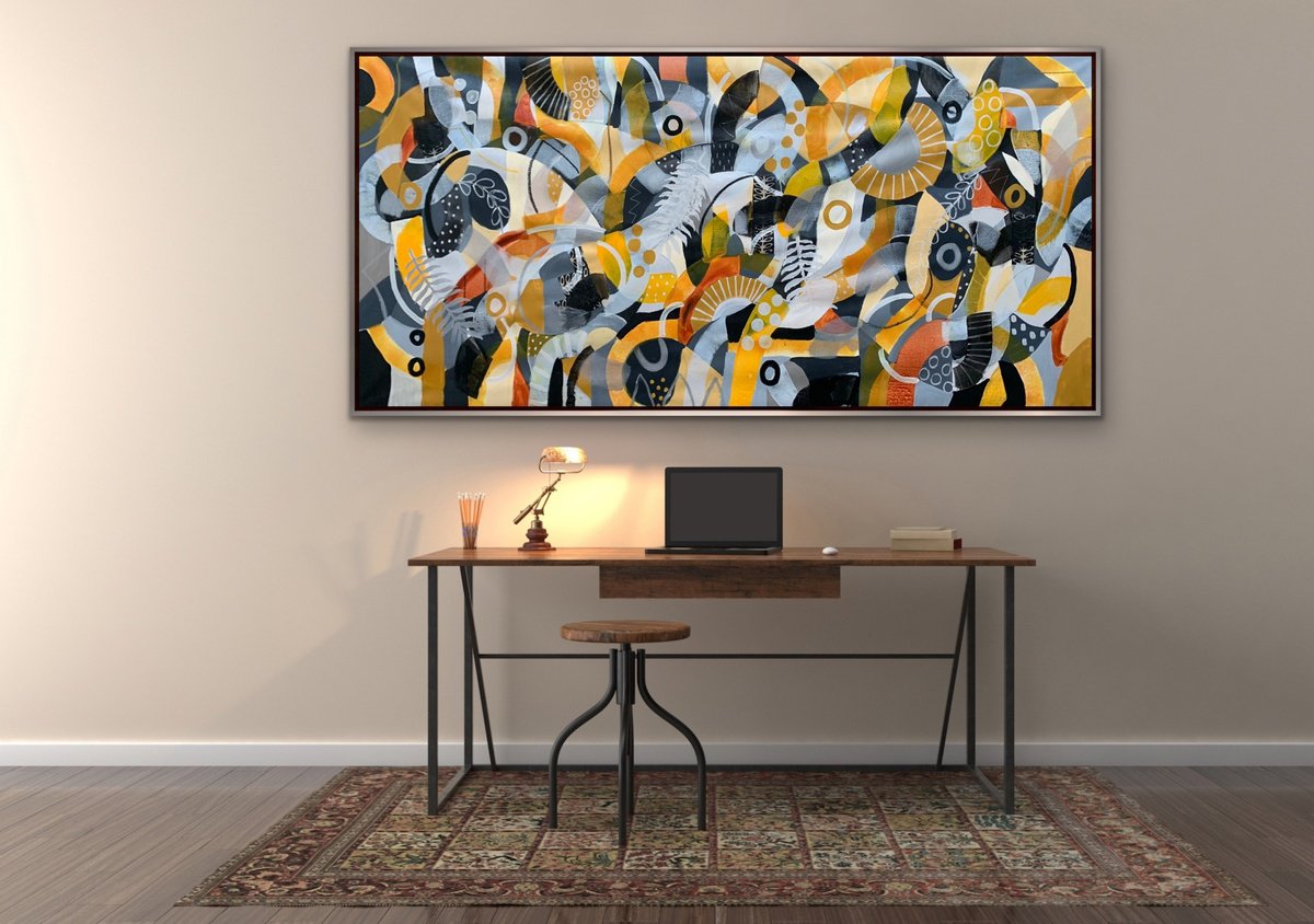 Organic Abstract Acrylic Painting By Rashna Hackett, 72 X 37", Sunflower Days, Original Artwork