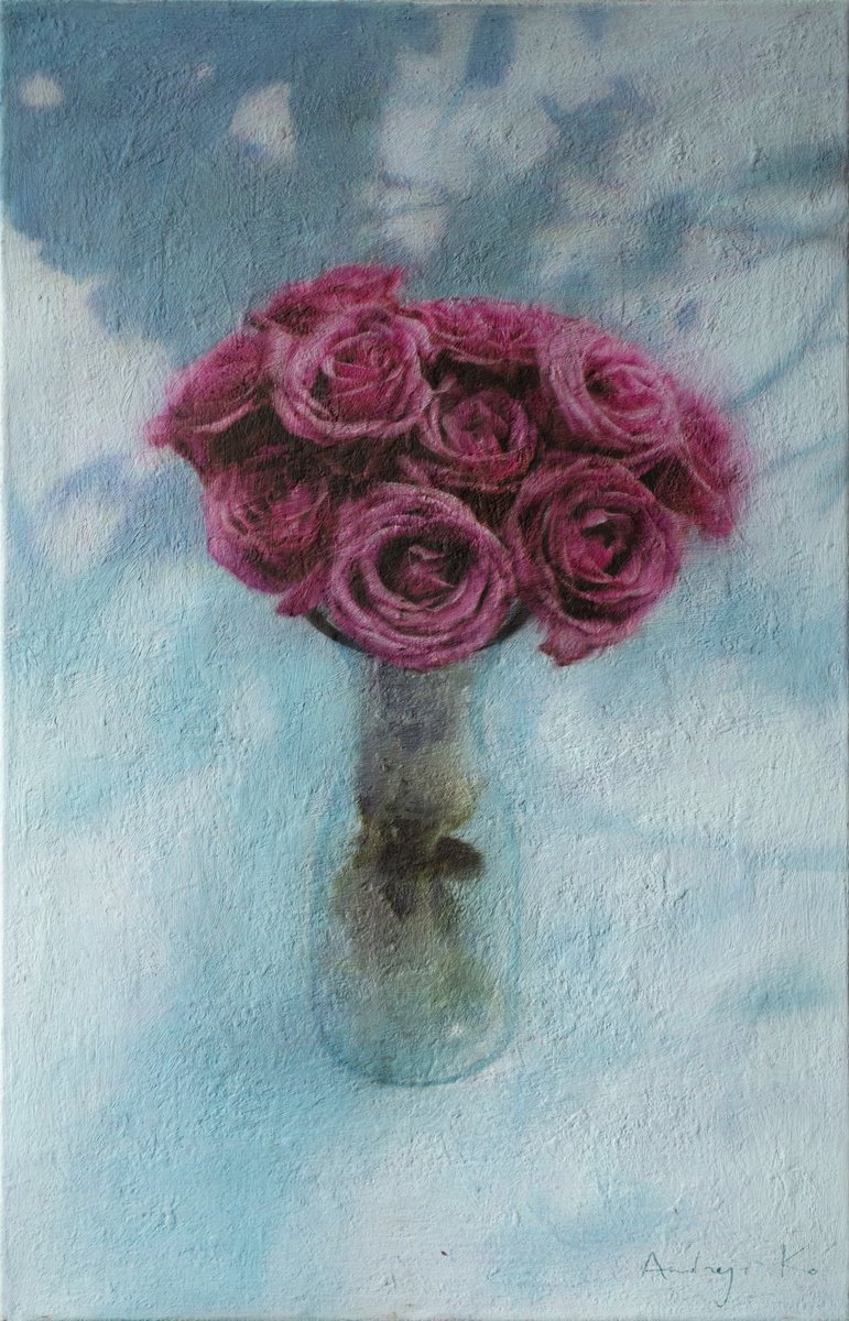 Impressionistic Still Life Acrylic Painting By Andrejs Ko, 18 X 28, Lilac Roses, Original Artwork