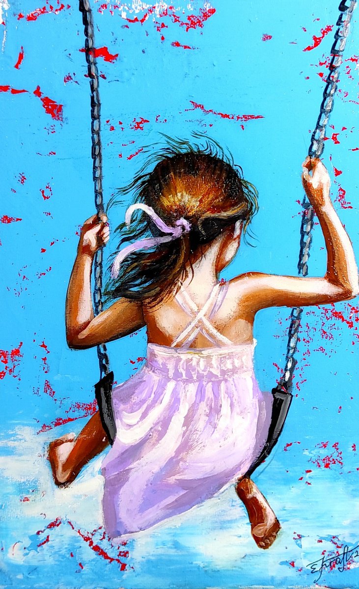 Expressive Portrait Acrylic Painting By Elena Kraft, 8 X 12, Summer Swing I, Original Artwork