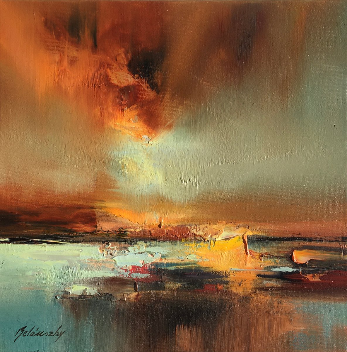 Warm me up - 30 x 30 cm, abstract landscape painting in red and blue