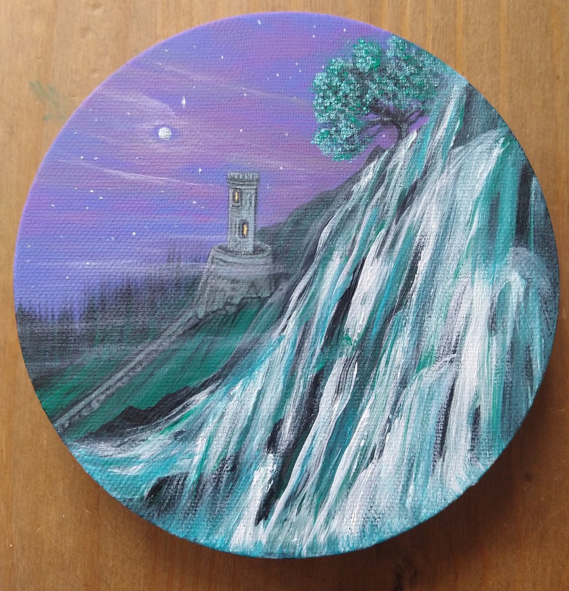 Surrealistic Cityscapes Acrylic Painting By Zoe Adams, 6 X 6", Lonely Winter Tower., Original Artwork