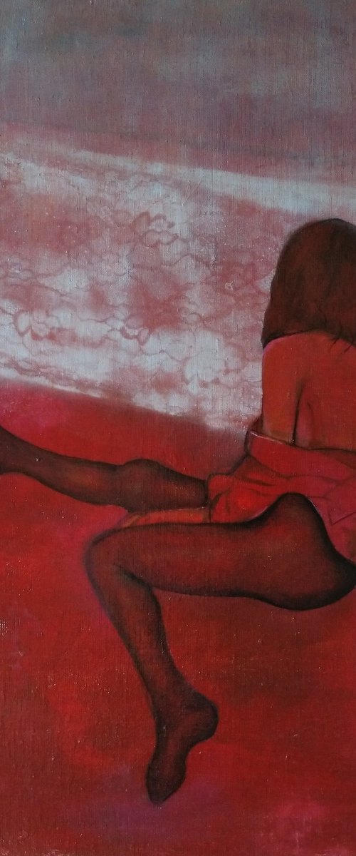 In the red room 60x50cm ,oil/canvas, impressionistic figure by Kamsar Ohanyan