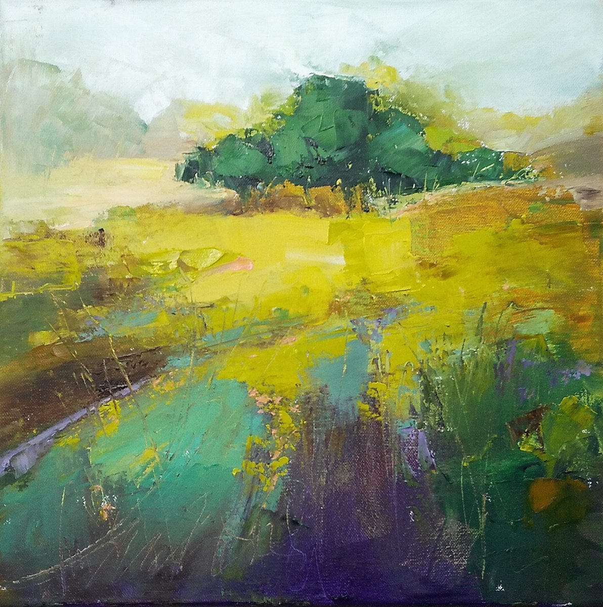 MORE THAN A FEELING, 40x40cm, spring field landscape by Emilia Milcheva