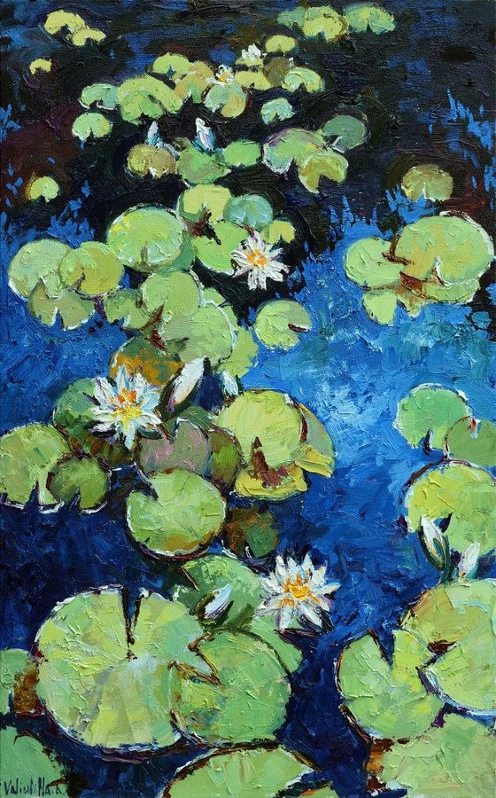 Water lilies with white flowers Original Oil painting