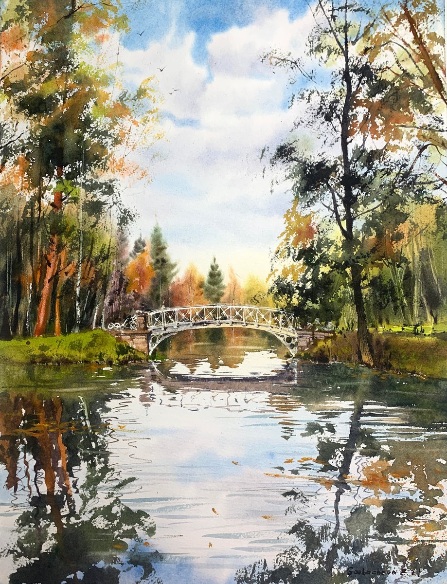 Impressionistic Cityscapes Watercolour By Eugenia Gorbacheva, 12 X 16, Autumn Park In St. Petersburg, Original Artwork