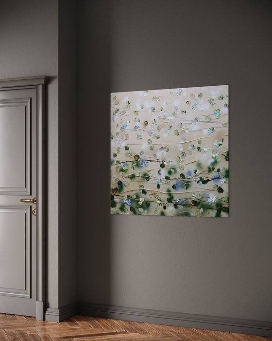 "Flower Sonata" floral light beige textured art