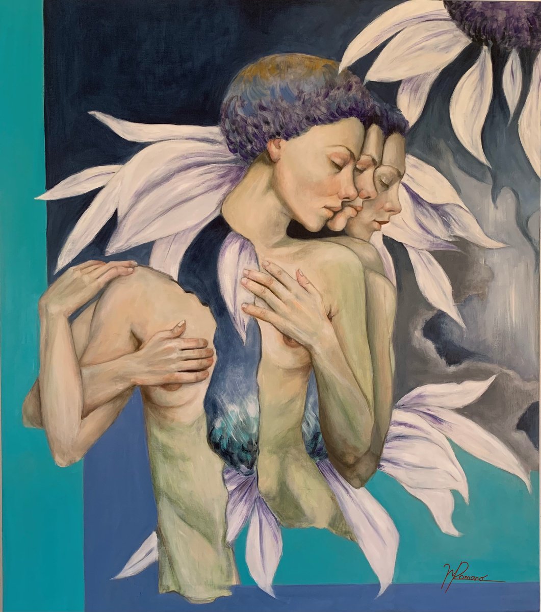 Surrealistic Botanical Oil Painting By Maria Romano, 28 X 31", Intimate Flowering, Original Artwork