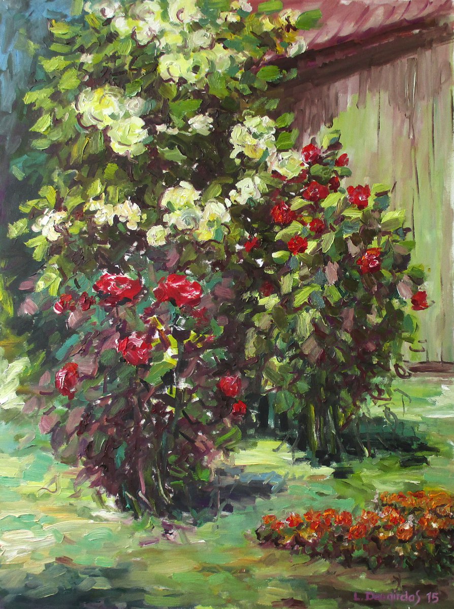 Impressionistic Botanical Oil Painting By Liudvikas Daugirdas, 24 X 31", Roses In The Garden, Original Artwork