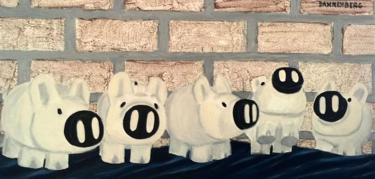 Impressionistic Animal Oil Painting By Leslie Dannenberg, 24 X 12", Piggy Banks, Original Artwork