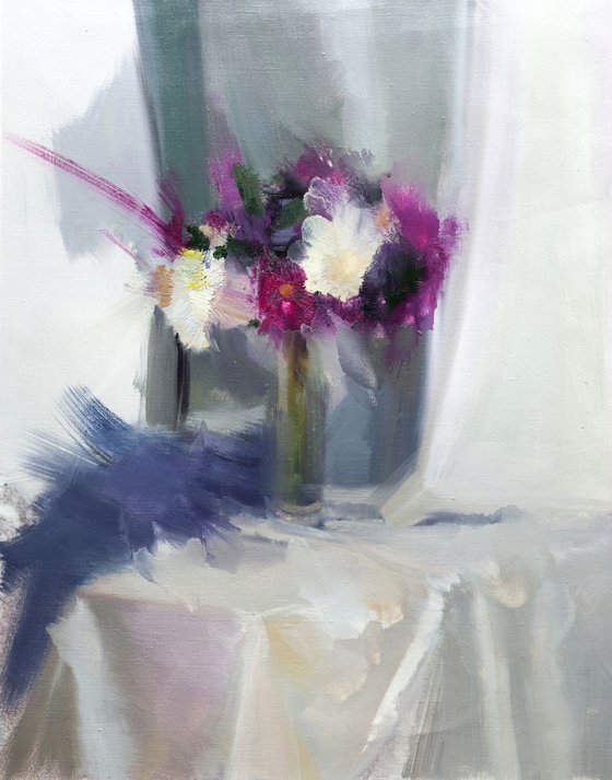 Original Still Life Painting with Flowers in Oil - Dry Silver