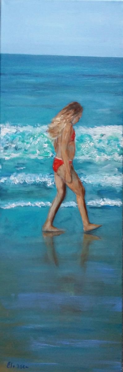 Impressionistic Portrait Acrylic Painting By Els Driesen, 12 X 35, The Red Bikini, Original Artwork