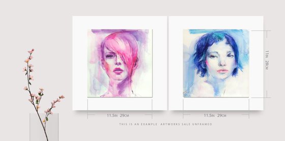 Modern SET of 2 teenagers Watercolor  portraits Gift idea  For girl's room Gift for teenage girl