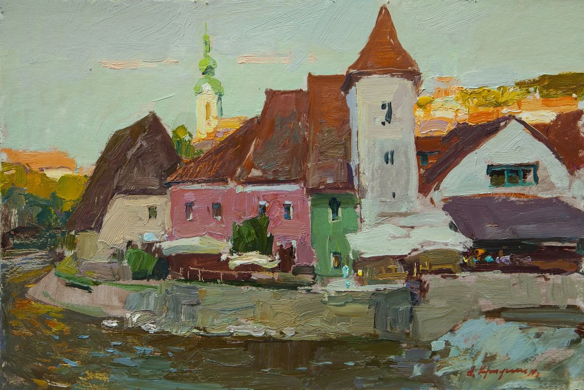 Impressionistic Landscape Oil Painting By Aleksandr Kryushyn, 19 X 13, Cesky Krumlov. Evening., Original Artwork
