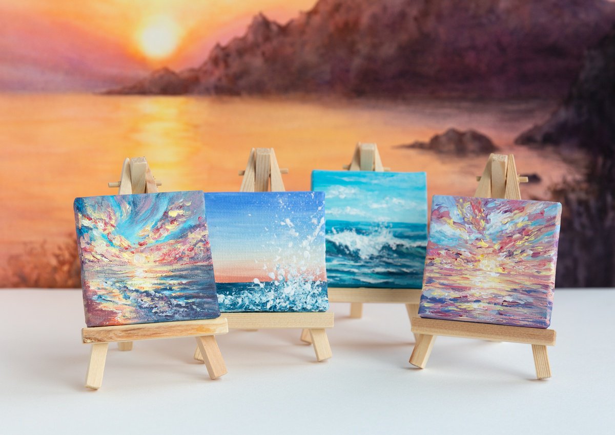 Impressionistic Landscape Acrylic Painting By Kateryna Nazarenko, 3 X 3", Mini Ocean Sunsets & Waves, Original Artwork