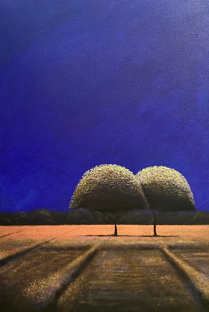 Surrealistic Landscape Oil Painting By Simon Jones, 24 X 36", 2 Trees Harvest Time, Original Artwork