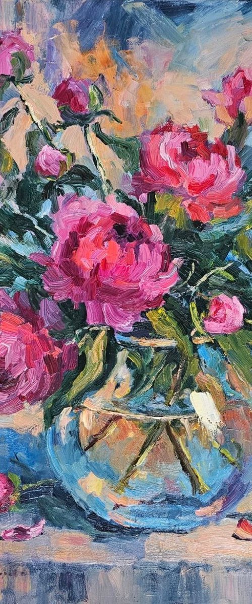 Peonies in Clear Glass Vase by Olga Egorov