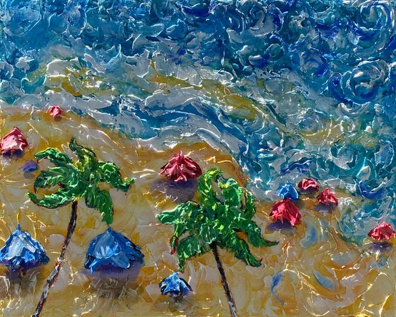 Beach Umbrellas Ocean Shore Aerial View  20" x 16" x 1.5"