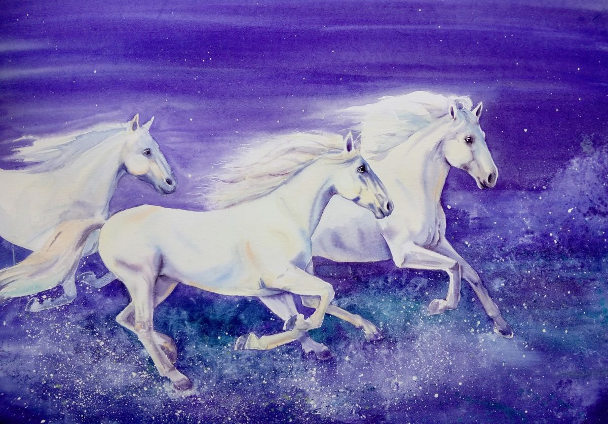 Three White Running Horses by Olga Beliaeva Watercolour
